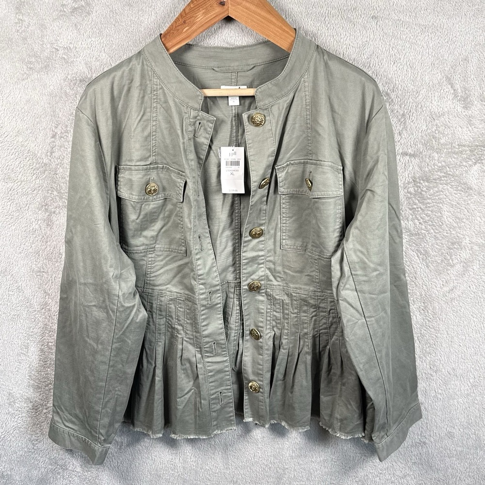 J. Jill Military Peplum Jacket Womens XL Green Moss Gold Button Ruffle NWT